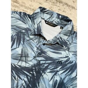 Travis Matthew Polo Shirt Mens L Blue Palm Leaf Tropical Print Performance Golf